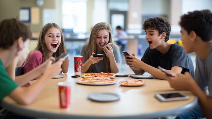 Kids enjoying pizza lunch